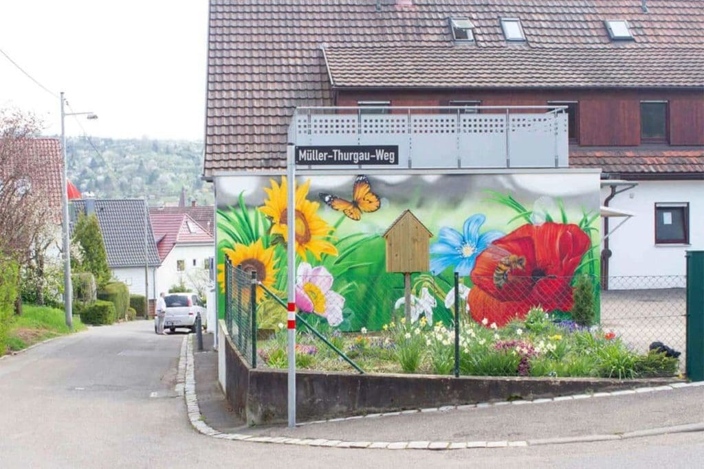 Graffiti Stuttgart wurde für die Gestaltung einer Garagenmauer beauftragt. Passend zum Blumengarten mit dazugehörigem Bienenhotel besprühte Chris die weiße Garagenwand mit einer farbenfrohen Blumenwiese inklusive Biene und Schmetterling.