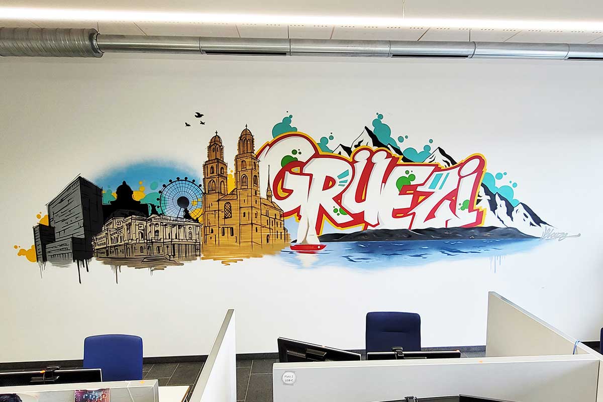 Für den Anbieter medizinischer Ausrüstung Dürr Dental aus Bietigheim-Bissingen haben wir den Seminarraum „Zürich“ mit einem Graffiti verschönert.