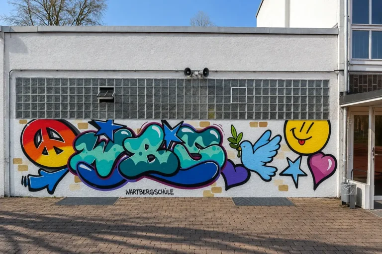 Buntes Graffiti-Wandbild an der Wartbergschule Heilbronn mit Peace-Zeichen, dem Schriftzug WBS, Friedenstaube, Smiley und Herzen.