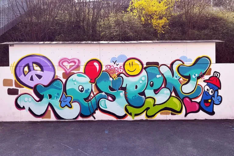 Fertiges Graffiti mit buntem Respekt-Schriftzug, Peace-Zeichen und Sprühdosen-Figur auf der Pausenhofwand der Pestalozzischule Leonberg
